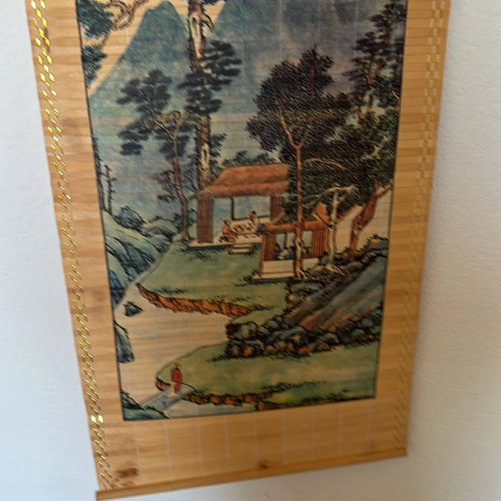Vintage Chinese Traditional Bamboo Wall Scroll with Landscape Art